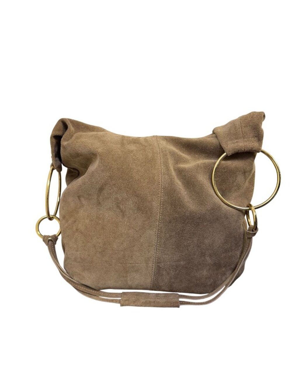 Marlon Brown Suede Hobo Bag With Gold Ring Accents